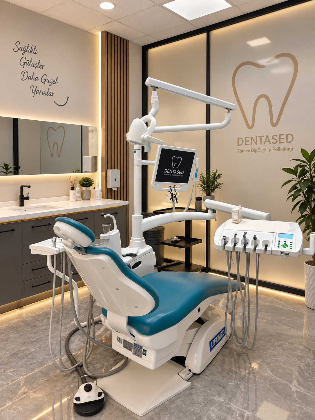 DentaSed kliniğinde turkuaz hasta koltuğu ve dental tedavi ekipmanları